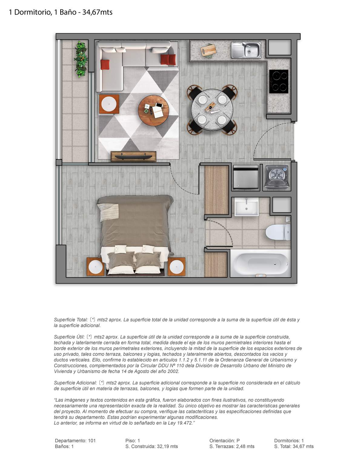 Plano 1 Dormitorio, 1 Baño - 34,67mts