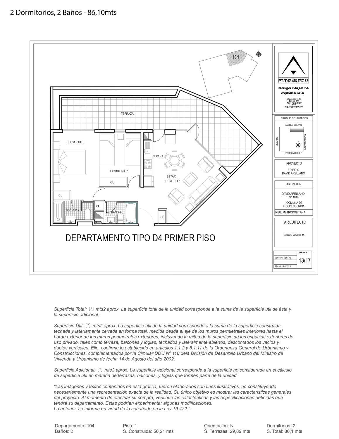 Plano 2 Dormitorios, 2 Baños - 86,10mts