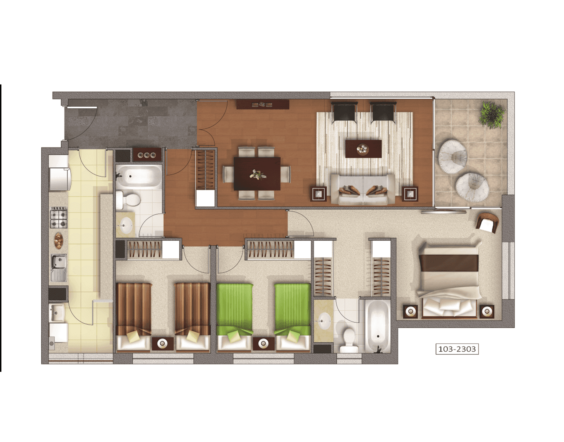 Plano 3 Dormitorios, 2 Baños - 93,79mts