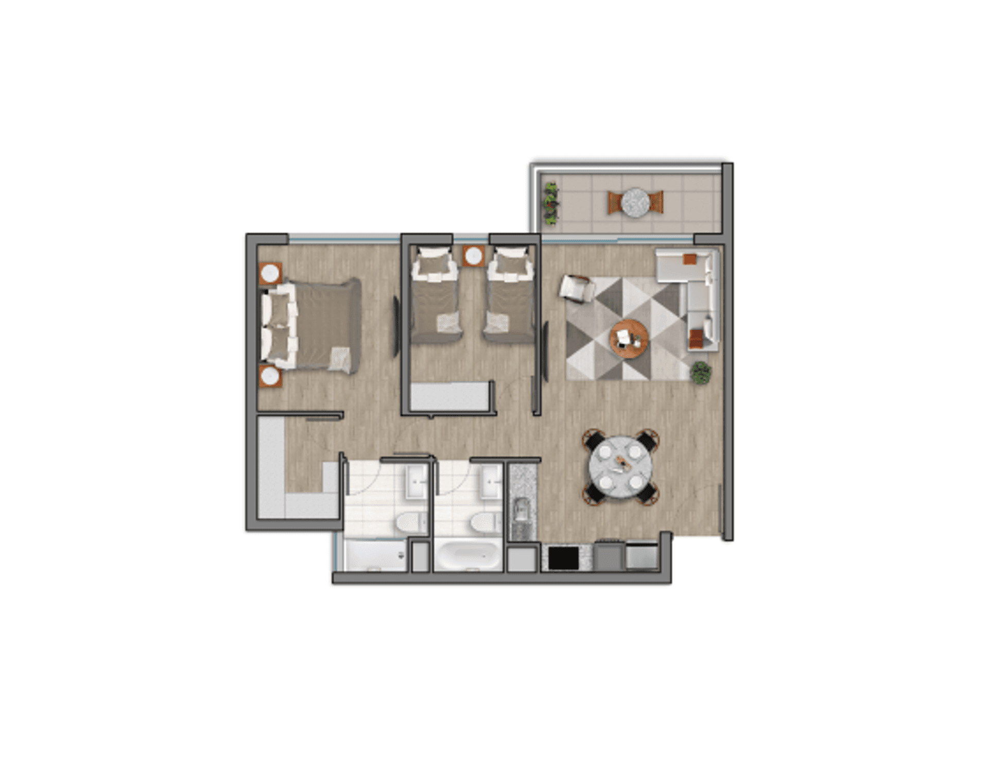 Plano 2 Dormitorios, 2 Baños - 67,00mts