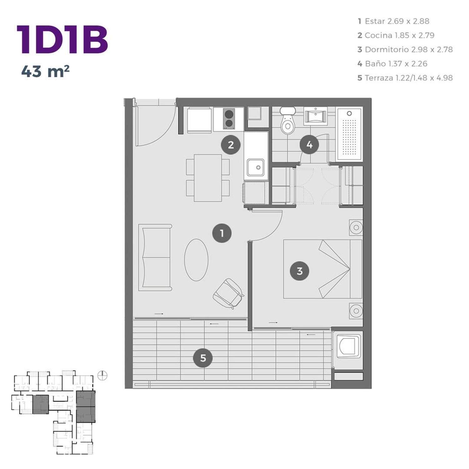 Plano 1D1B 43m2