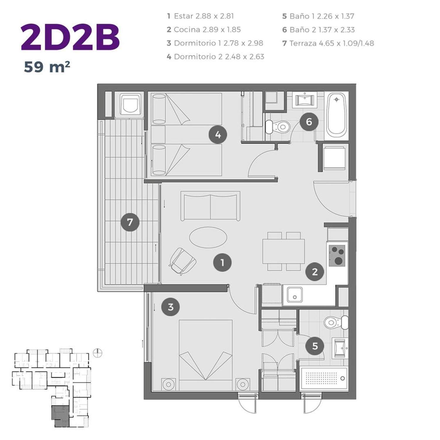 Plano 2D2B 59m2