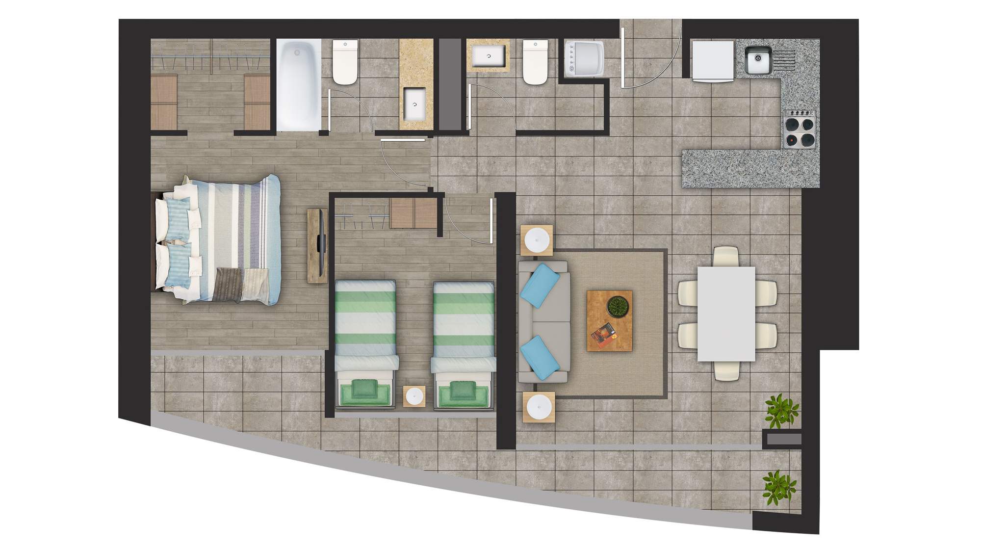 Plano 2 Dormitorios, 2 Baños - 74,80mts