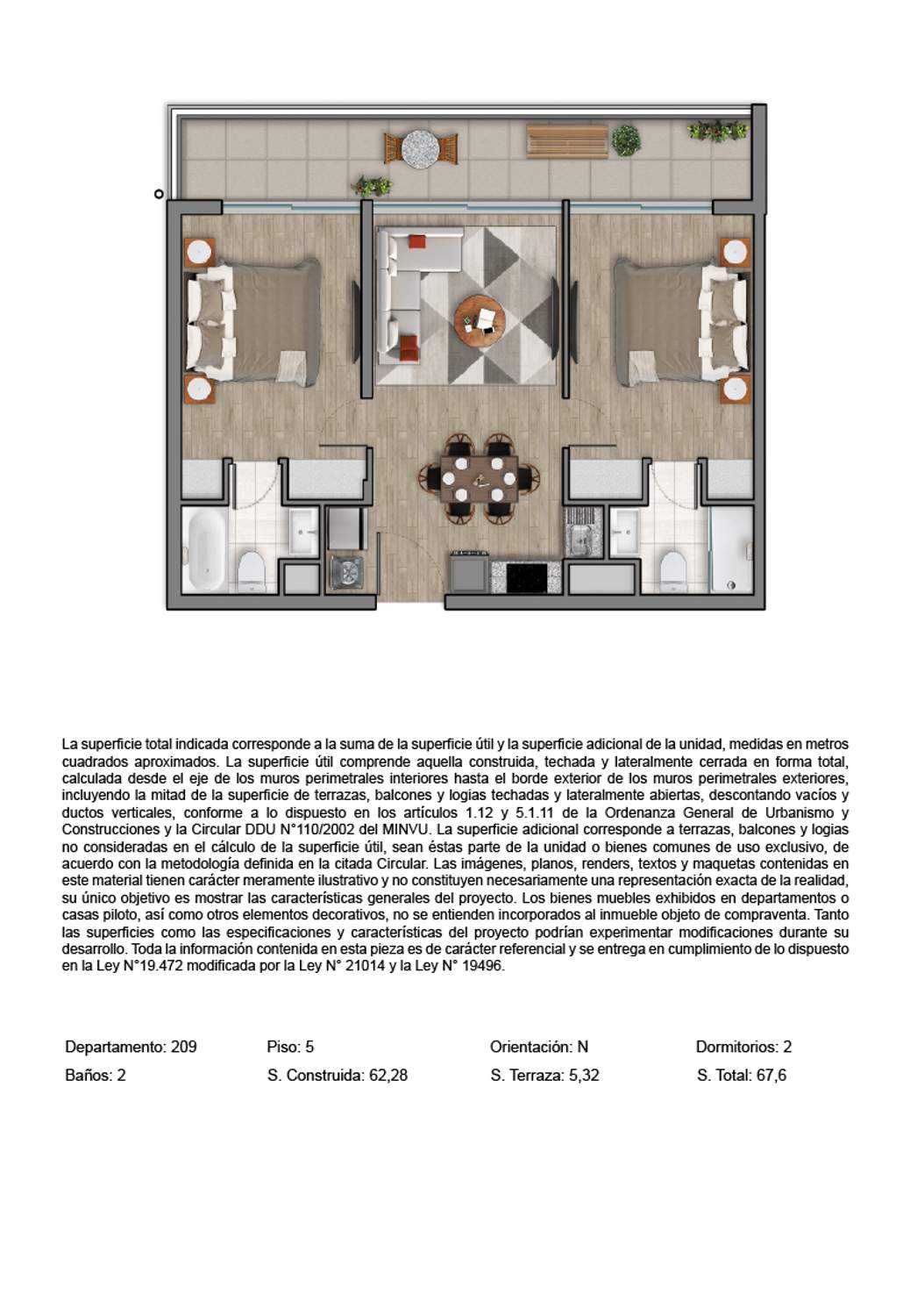 Plano 2 Dormitorios, 2 Baños - 67,60mts