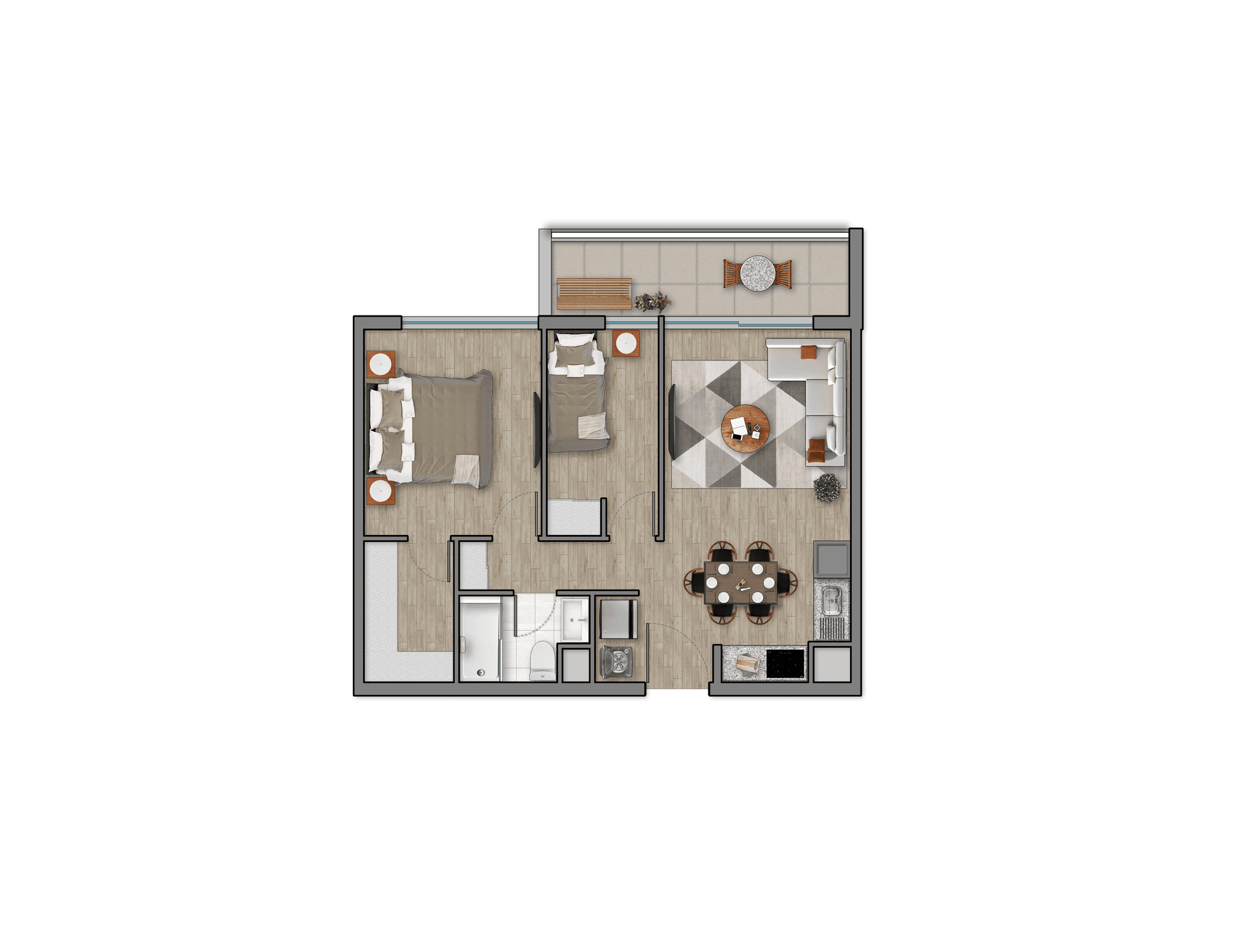 Plano 2 Dormitorios, 1 Baño - 53,60mts