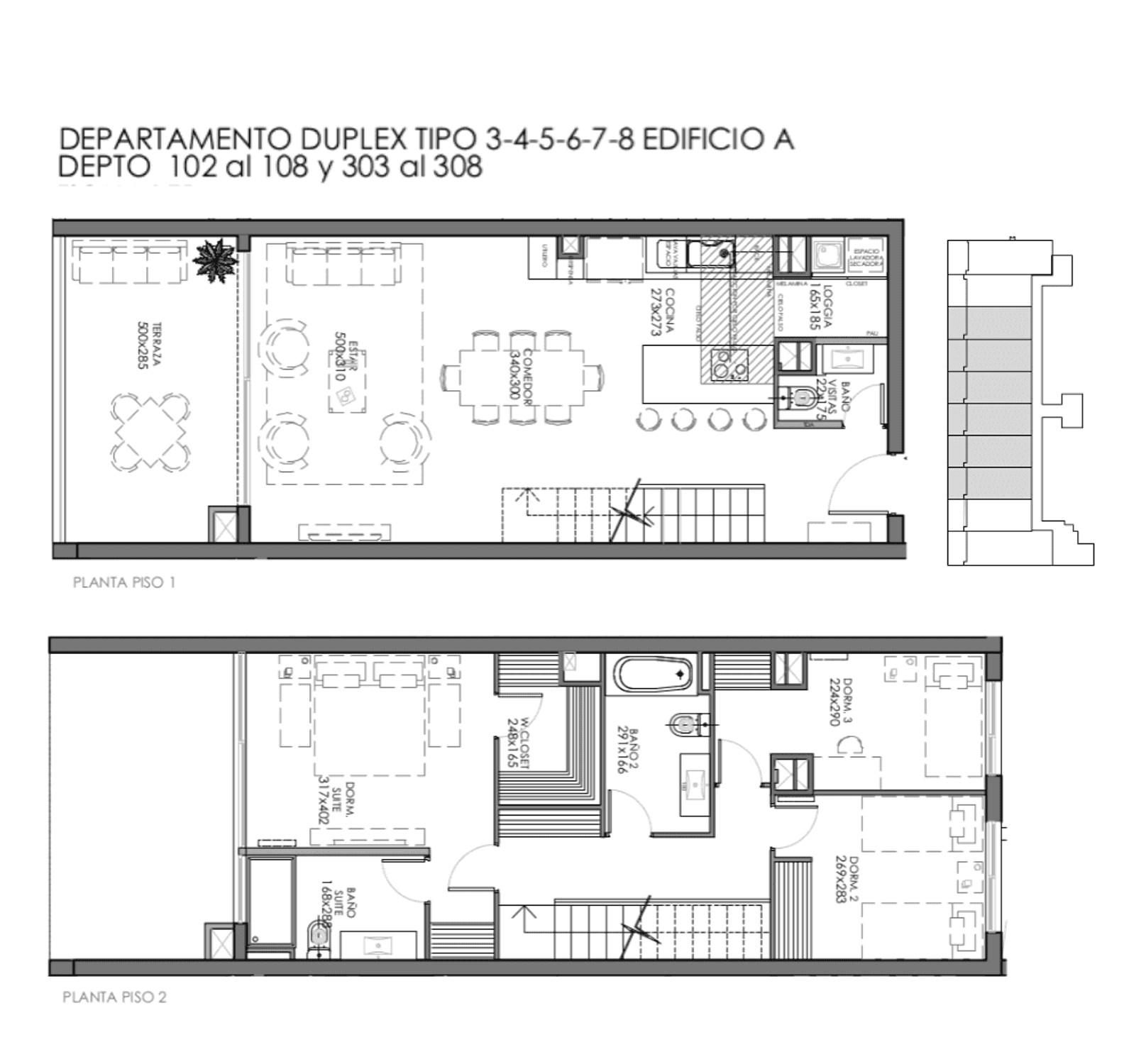 Plano 102 al 108, 301 al 308, 3-4-5-6-7-8 Edificio A – Duplex
