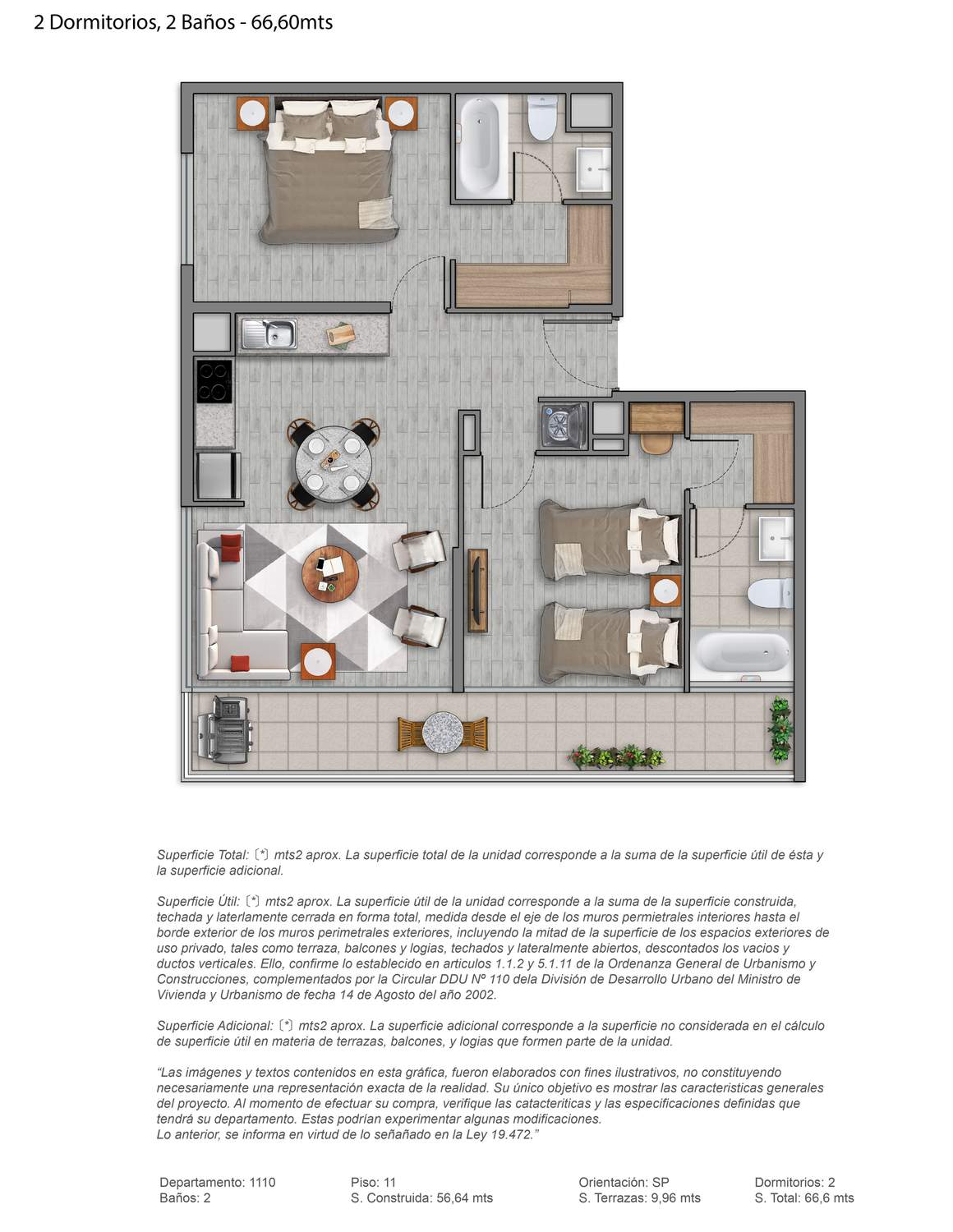 Plano 2 Dormitorios, 2 Baños - 66,60mts
