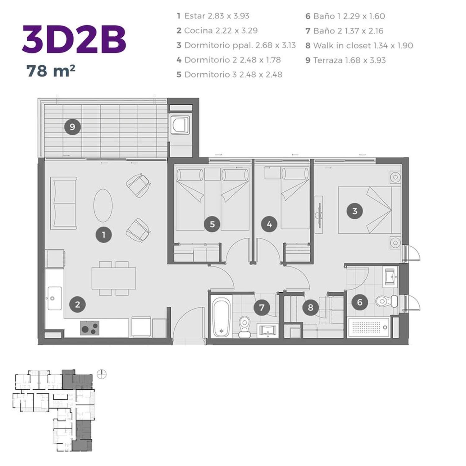 Plano 3D2B 78m2