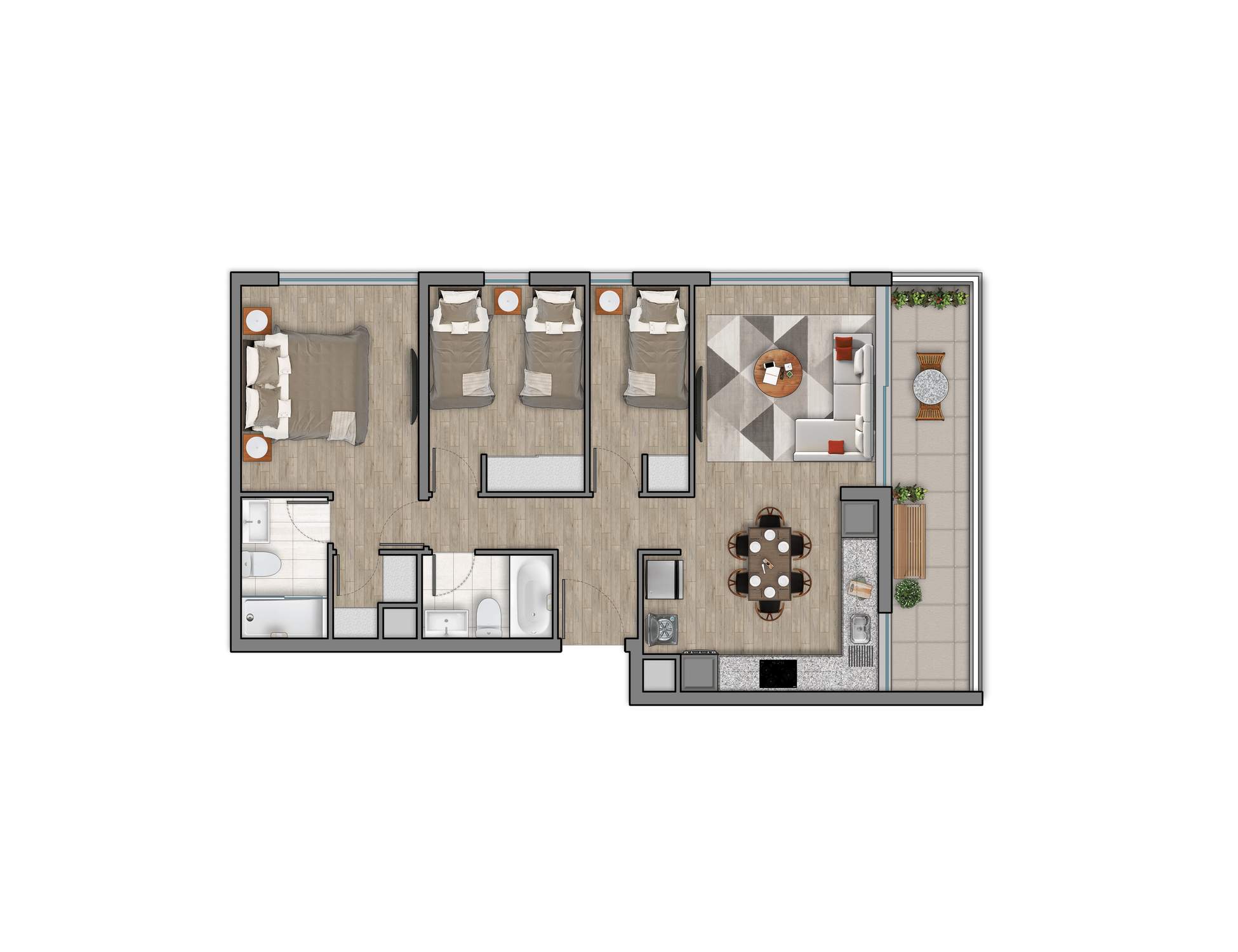 Plano 3 Dormitorios, 2 Baños - 75,01mts