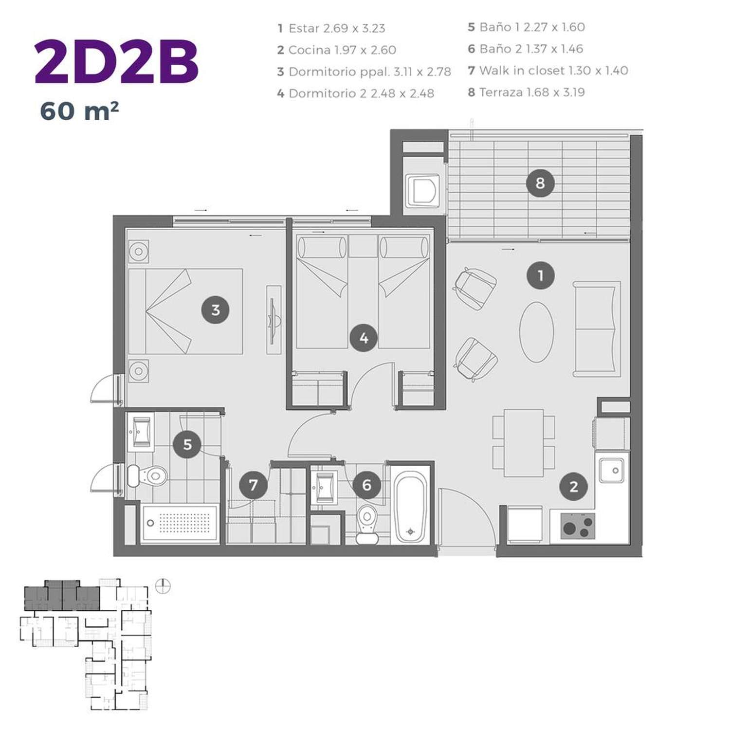 Plano 2D2B 60m2