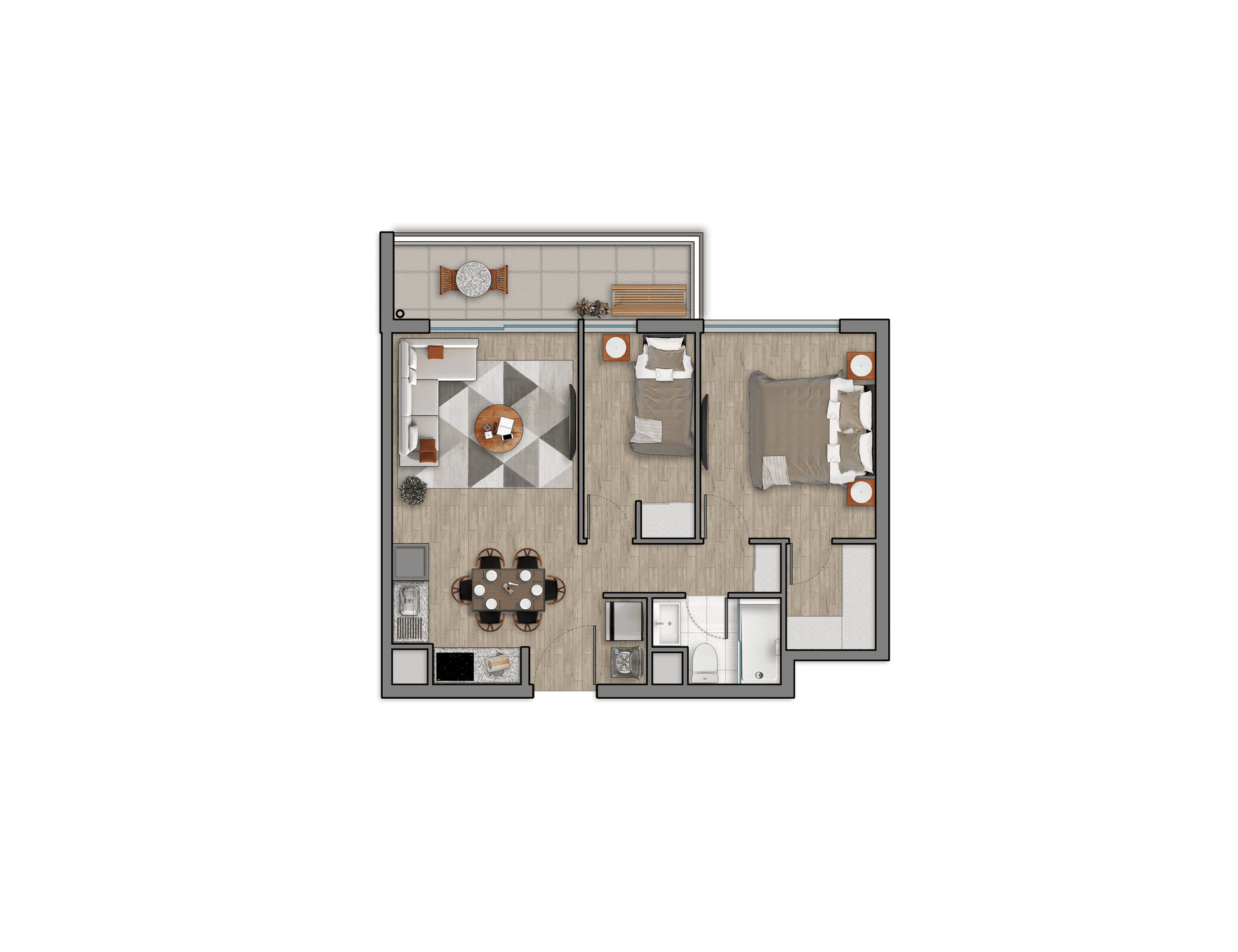 Plano 2 Dormitorios, 1 Baño - 52,85mts