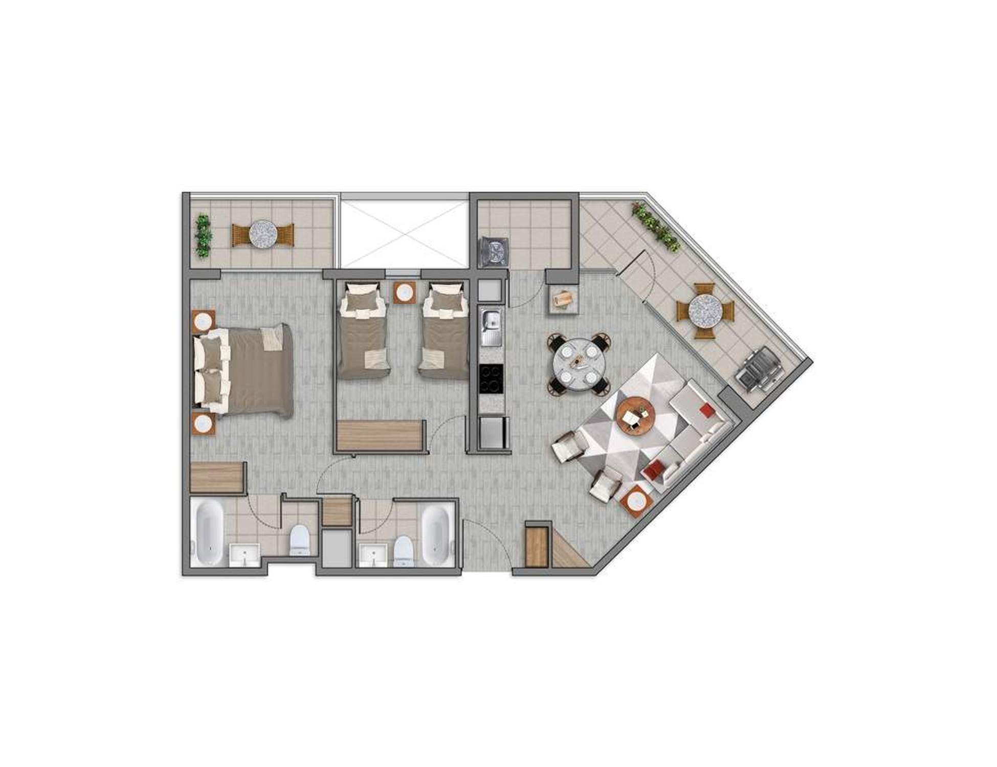 Plano 2 Dormitorios, 2 Baños - 72,12mts