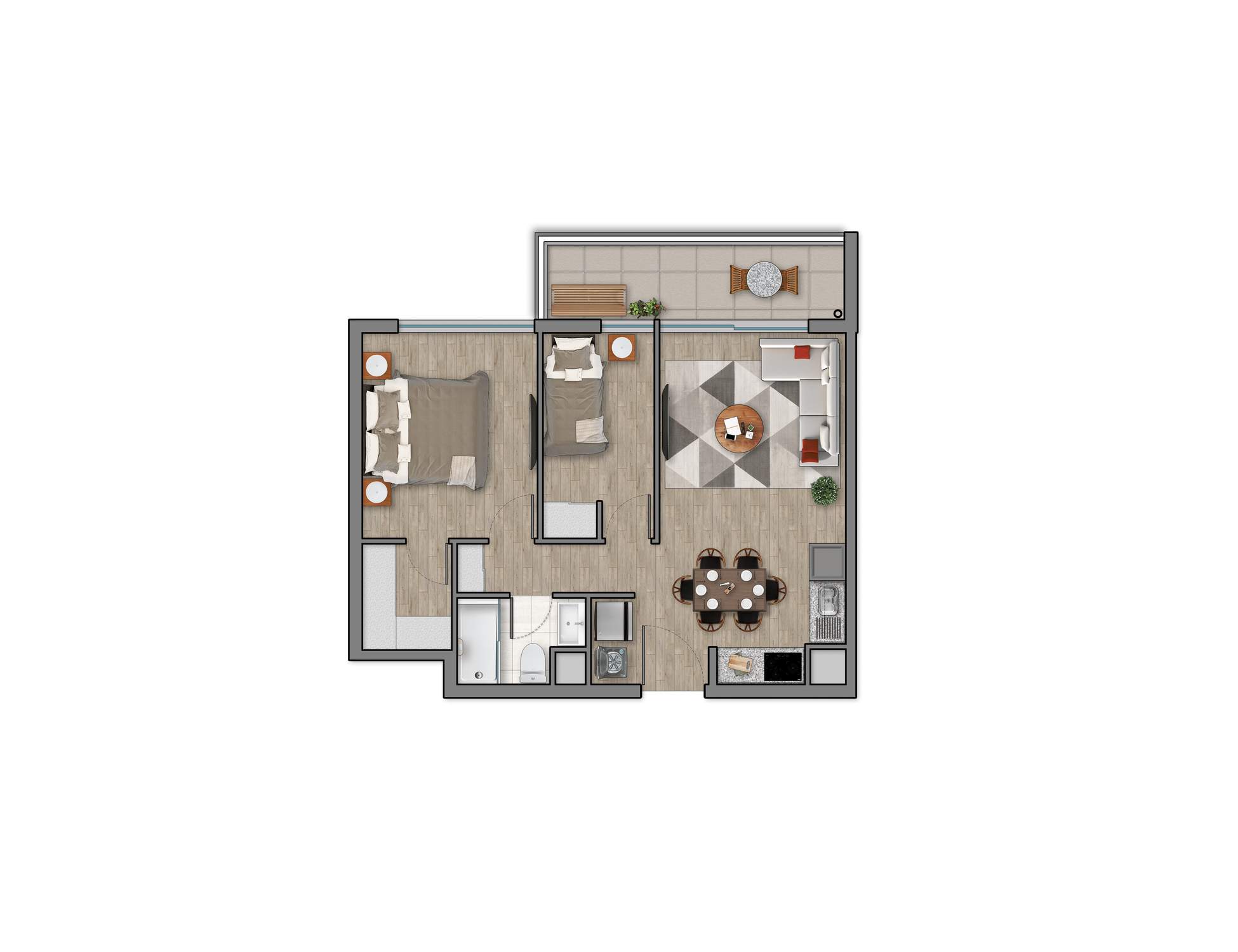 Plano 2 Dormitorios, 1 Baño - 53,36mts