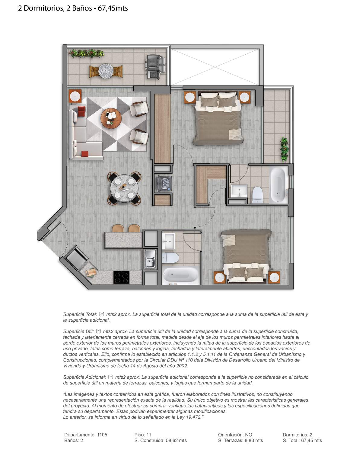 Plano 2 Dormitorios, 2 Baños - 67,45mts