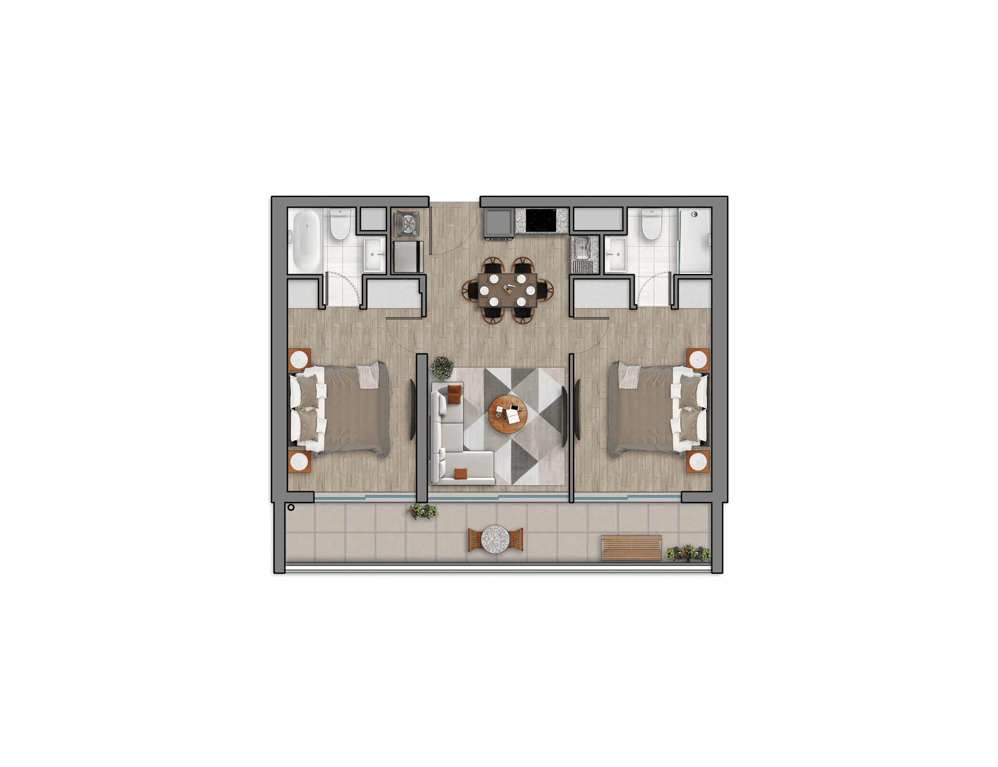 Plano 2 Dormitorios, 2 Baños - 62,78mts