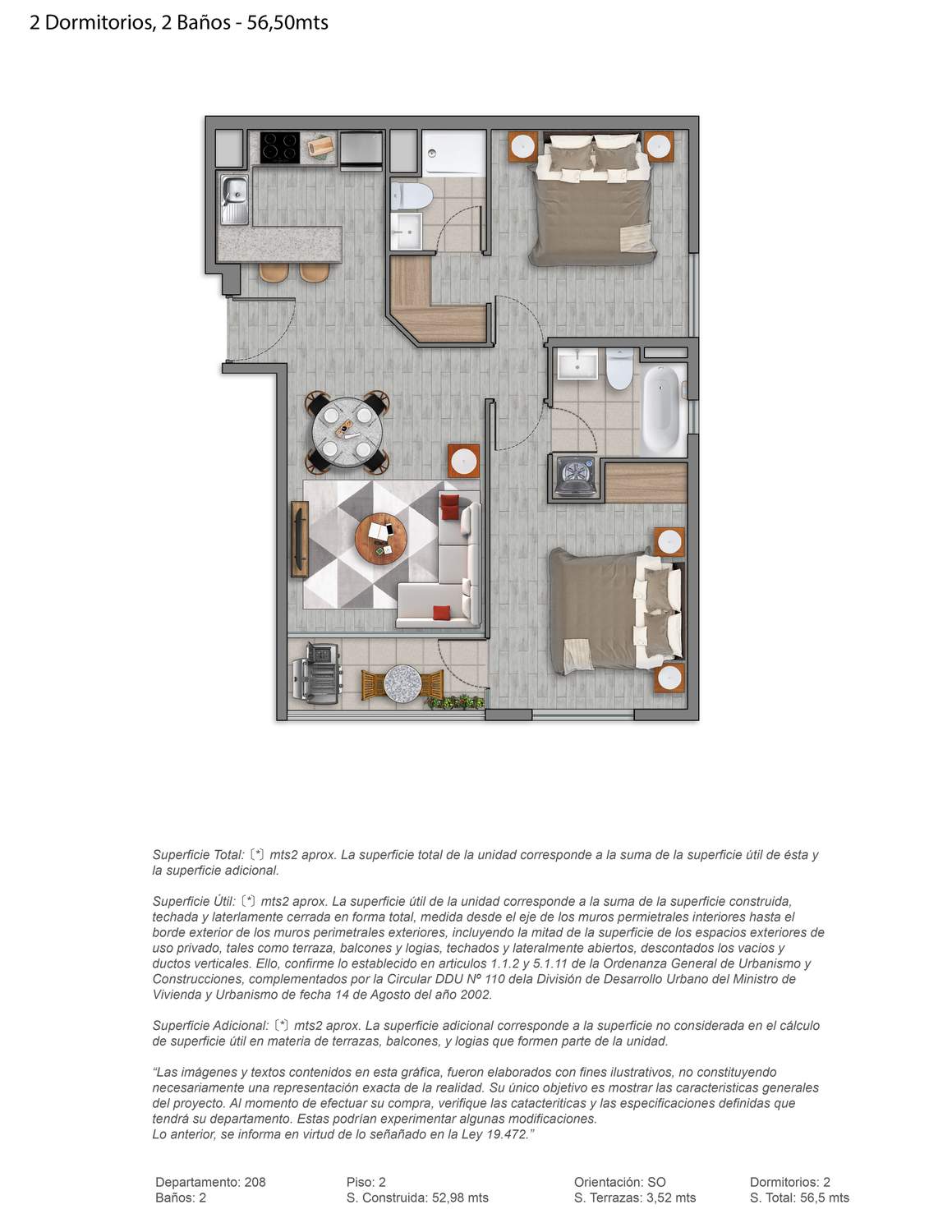 Plano 2 Dormitorios, 2 Baños - 56,50mts