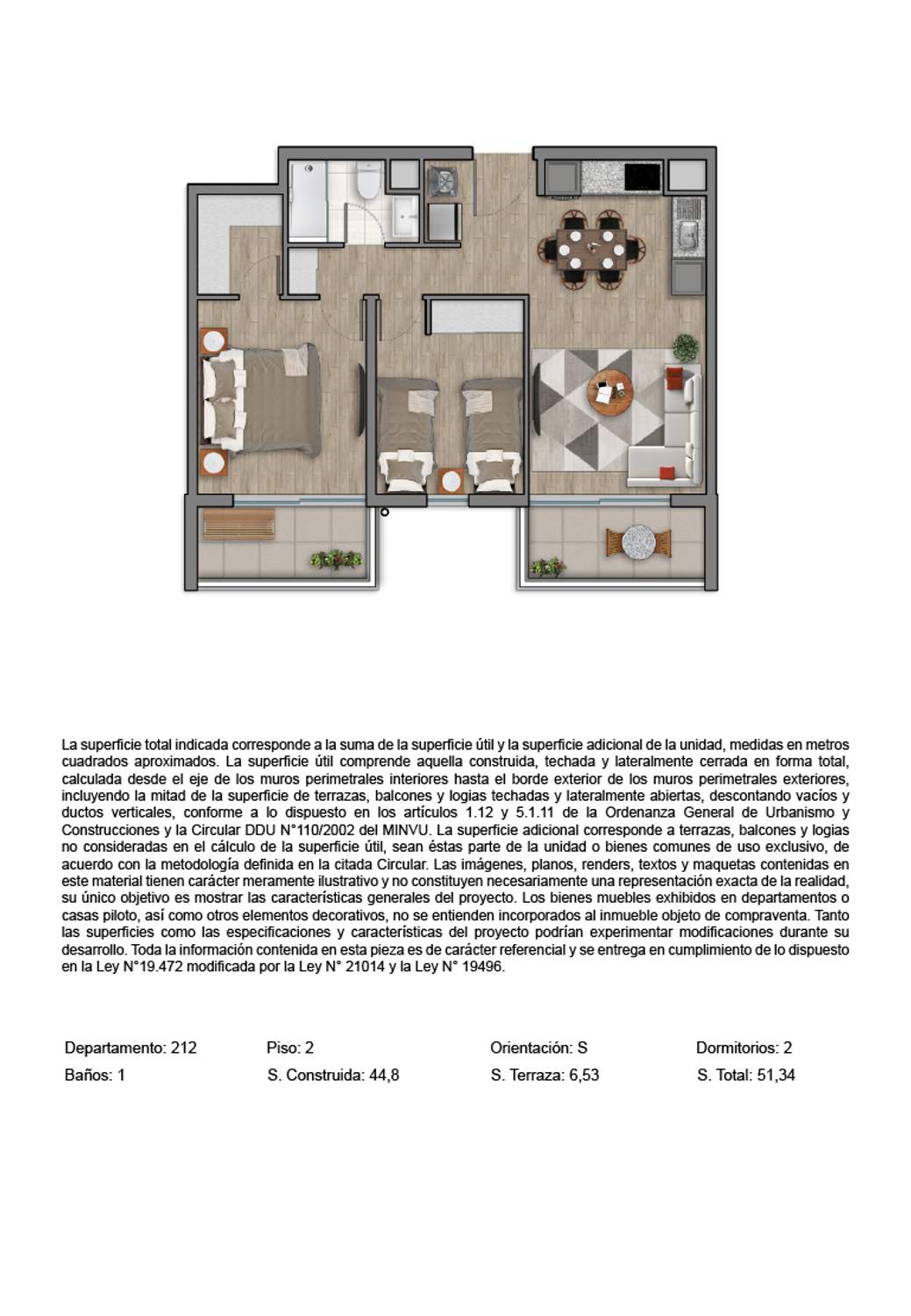 Plano 2 Dormitorios, 1 Baño - 51,30mts