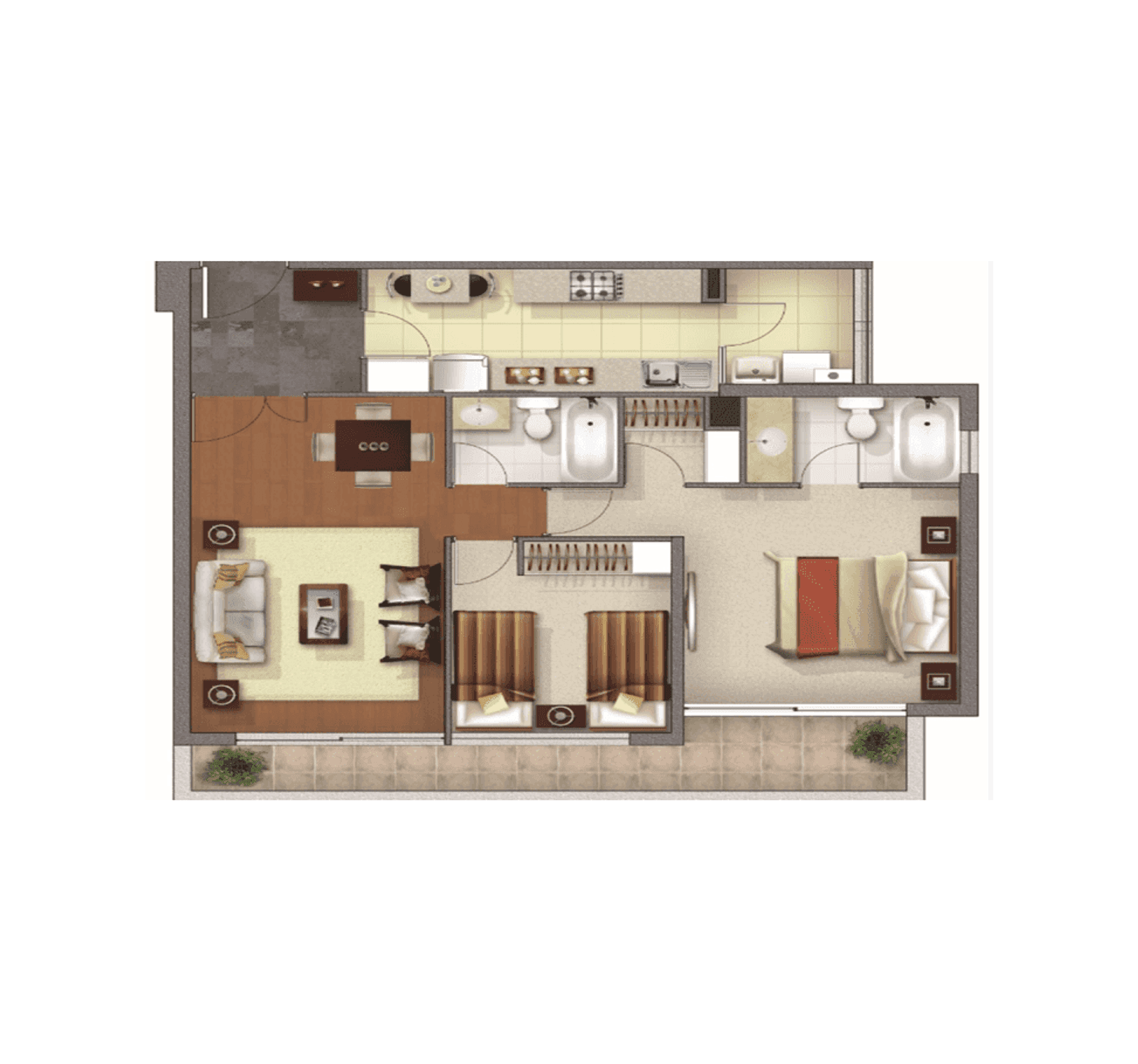 Plano 2 Dormitorios, 2 Baños - 74,62mts