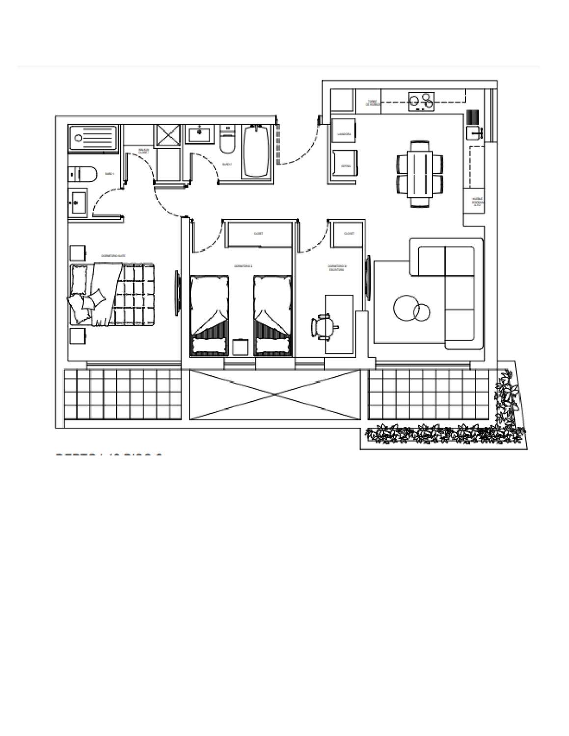 Plano 3 Dormitorios, 2 Baños - 73,90mts