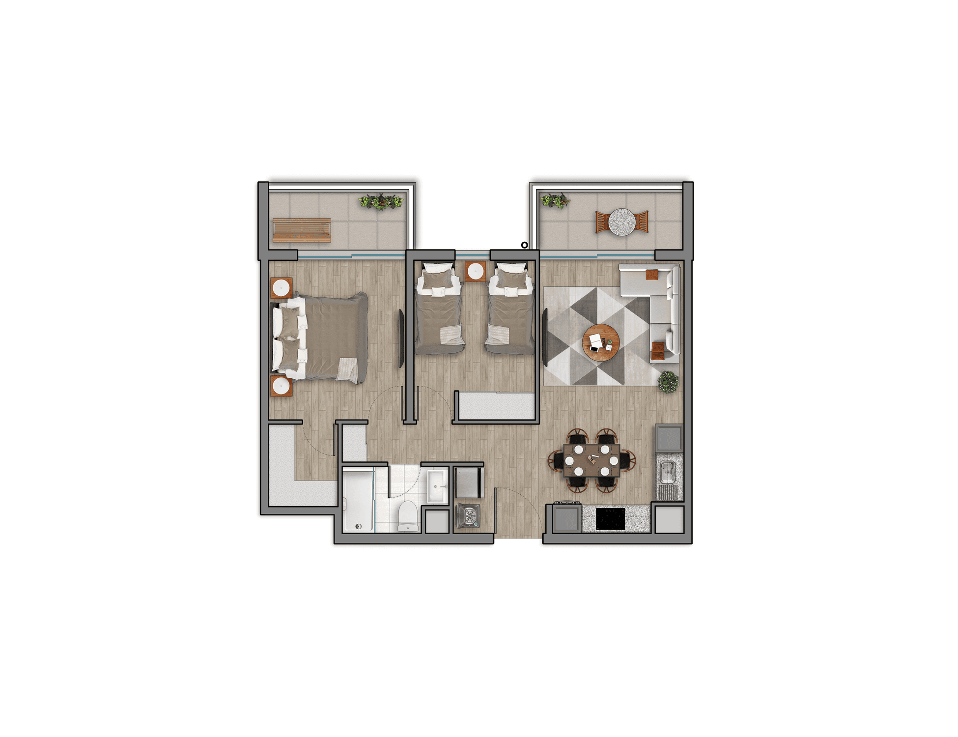 Plano 2 Dormitorios, 1 Baño - 59,53mts