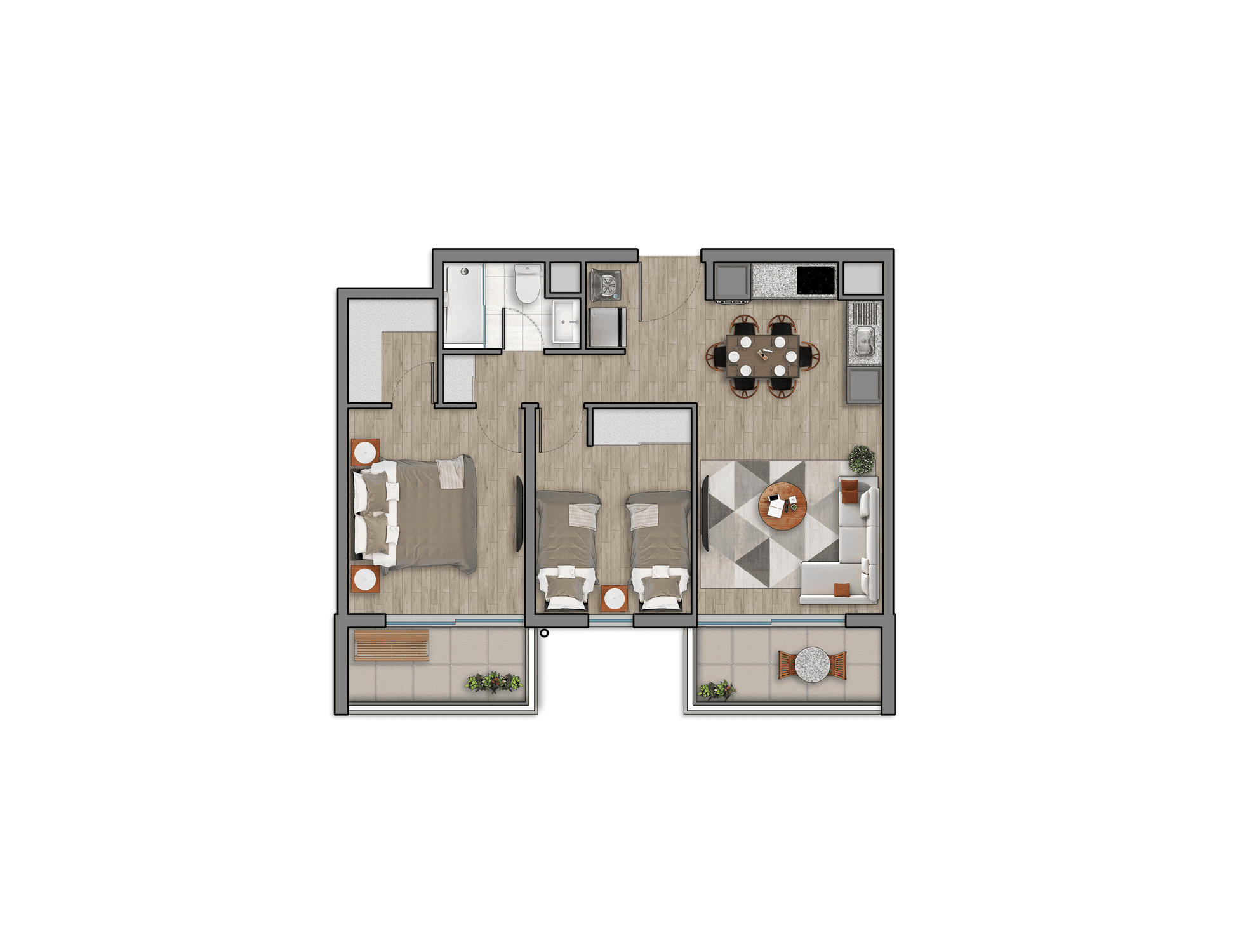 Plano 2 Dormitorios, 1 Baño - 59,50mts