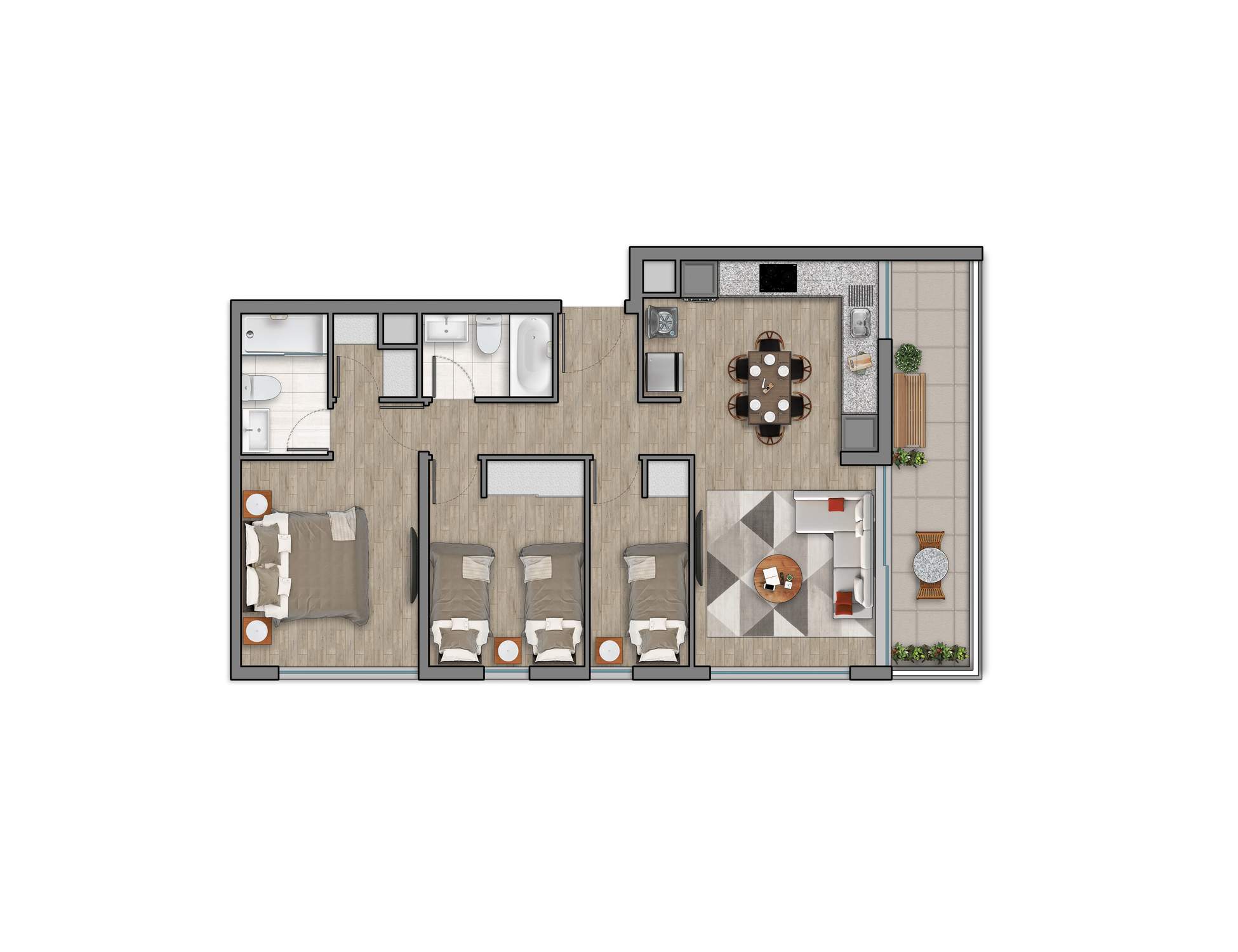 Plano 3 Dormitorios, 2 Baños - 74,88mts